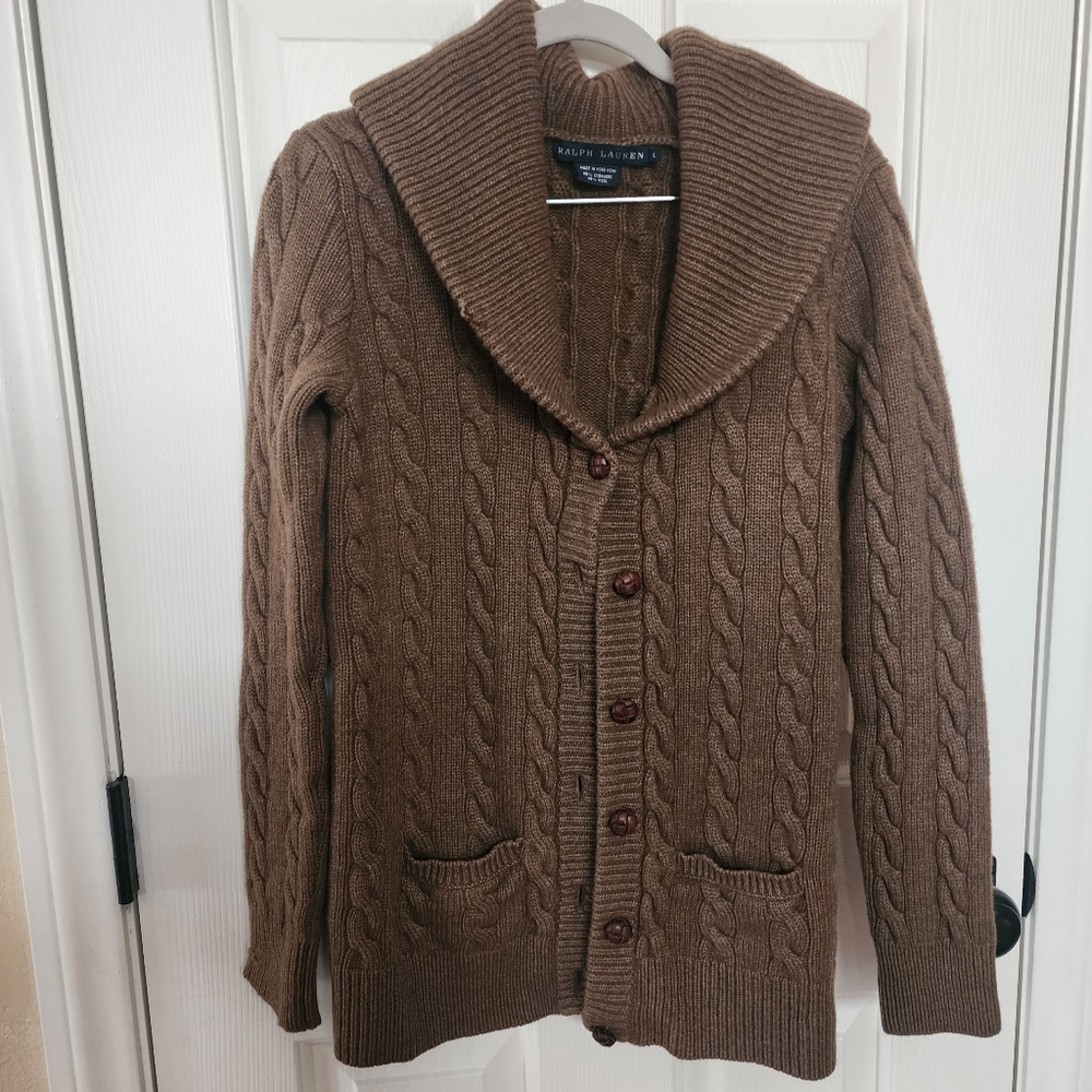 RALPH LAUREN Womens  Large Chocolate brown cable knit cardigan Cashmere/wool